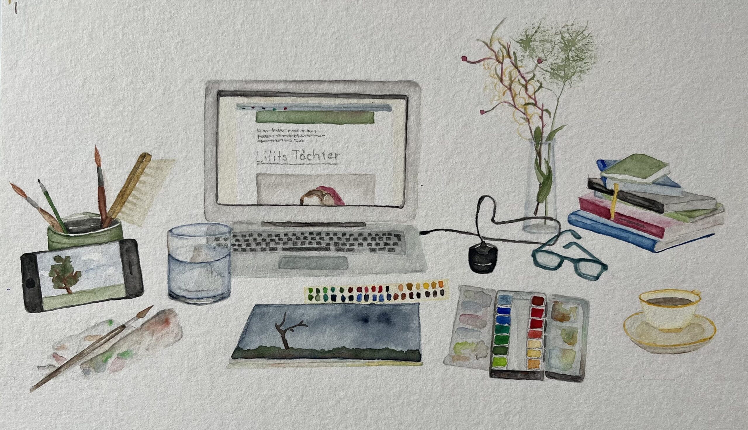 Aquarellierte Zeichnung. Schreibtisch mit allen Werkzeugen, die ich zum Schreiben und Zeichnen brauche: Labtop, Pinsel, Kaffeetasse. Zeichnung: Christiane Wachsmann