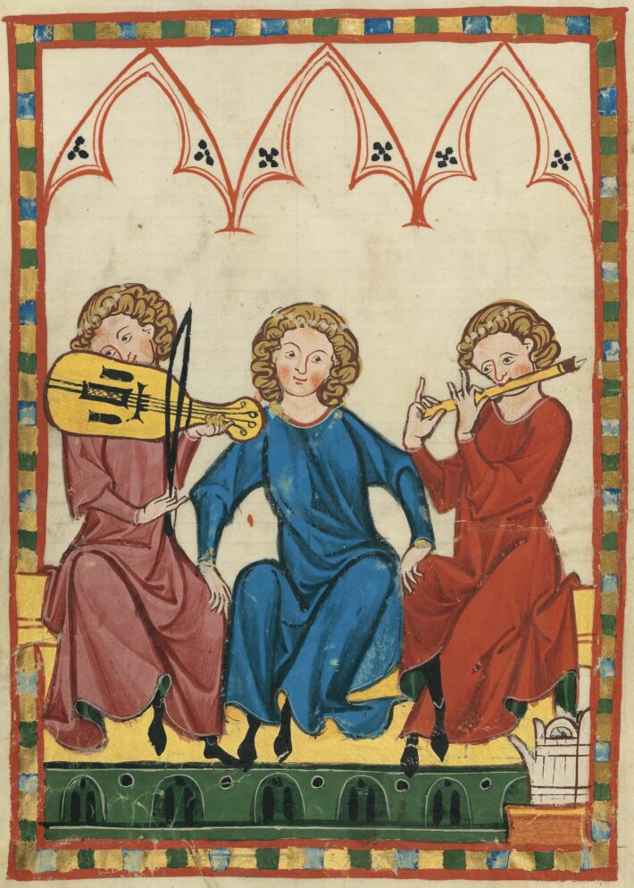 Miniatur aus der Großen Heidelberger Liederhandschrift (Codex Manesse) S. 423r Der Kanzler (Ausschnitt). Universität Heidelberg, Universitätsbibliothek