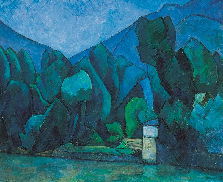 Ölgemälde von Alexander Kanoldt. Das Bild von 1911 zeigt das Tal der Eisack mit Bäumen und den dahinterliegenden Bergen in Blau- und Grüntönen.