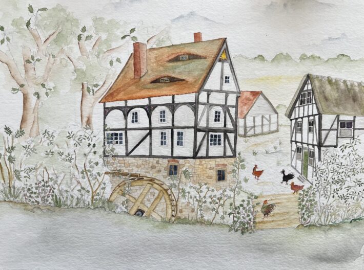 Aquarellierte Zeichung. Der Mühlhof im Hegentruper Tal. Zeichnung: Christiane Wachsmann